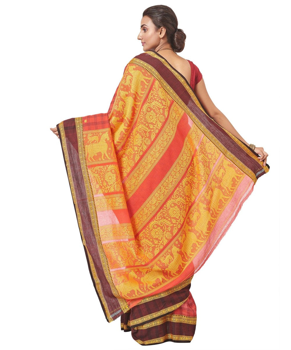 Red yellow biswa bangla cotton handloom jamdani saree