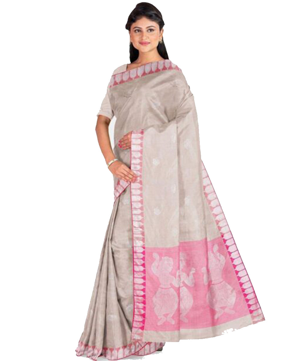 Biswa bangla beige handwoven beige pink silk saree