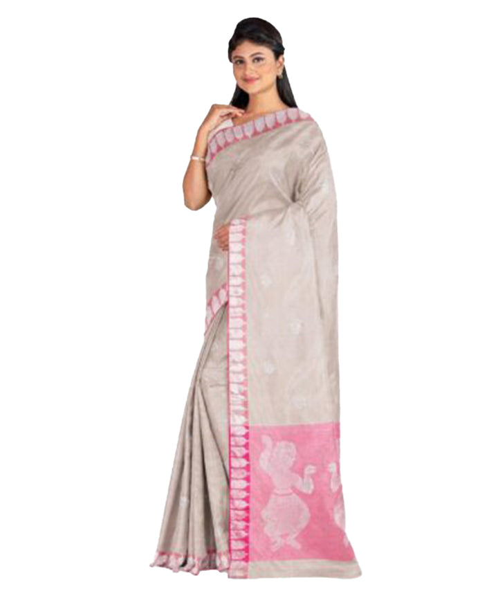 Biswa bangla beige handwoven beige pink silk saree