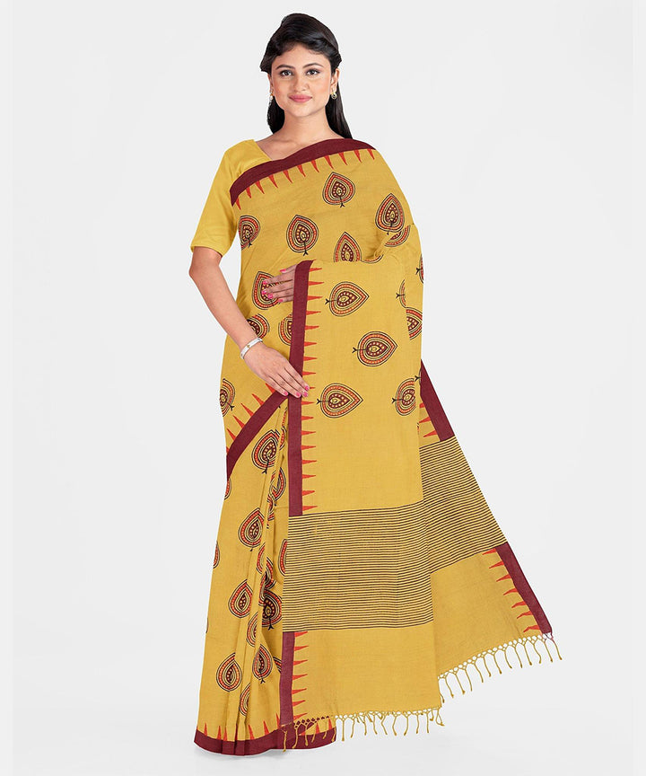 Biswa bangla yellow printed cotton saree