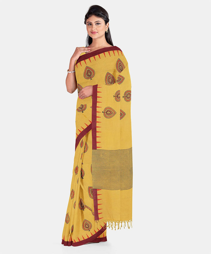 Biswa bangla yellow printed cotton saree