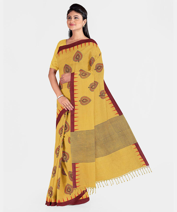 Biswa bangla yellow printed cotton saree