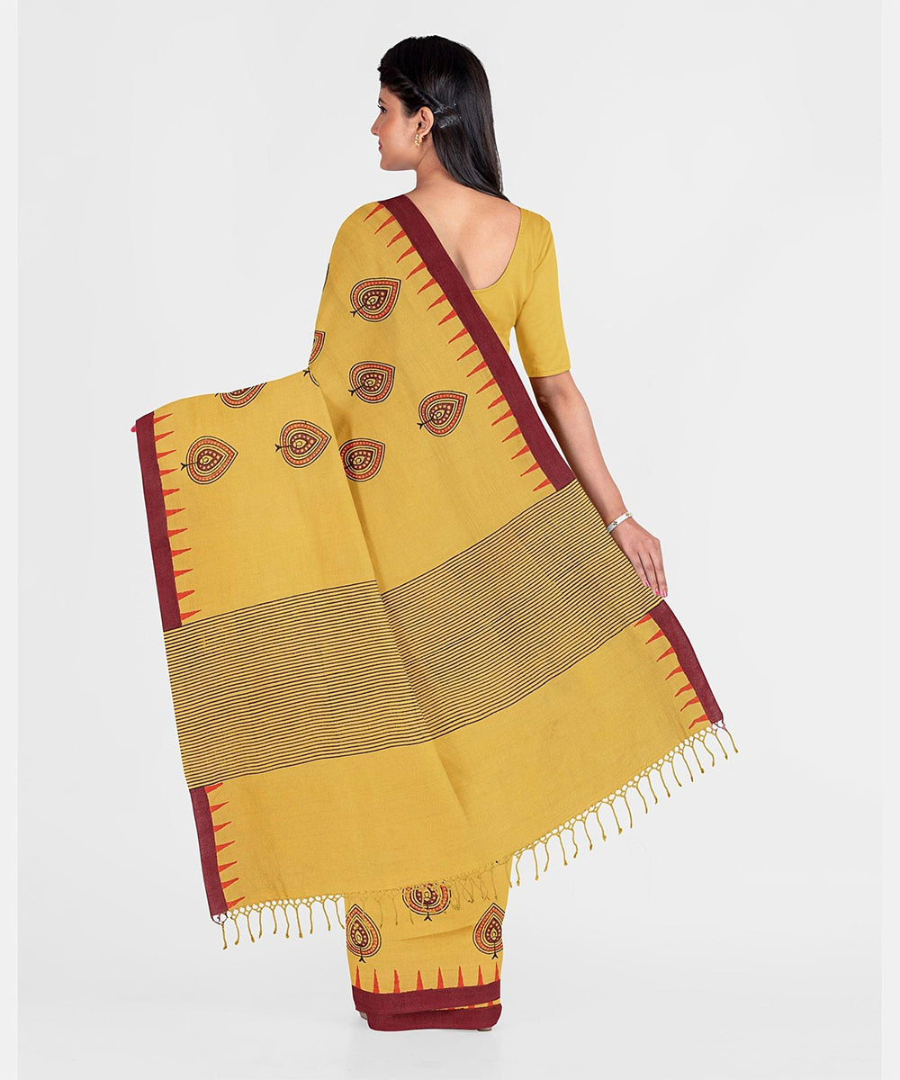 Biswa bangla yellow printed cotton saree