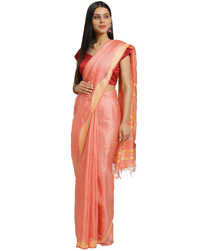 Biswa bangla handwoven peach jamdani silk saree