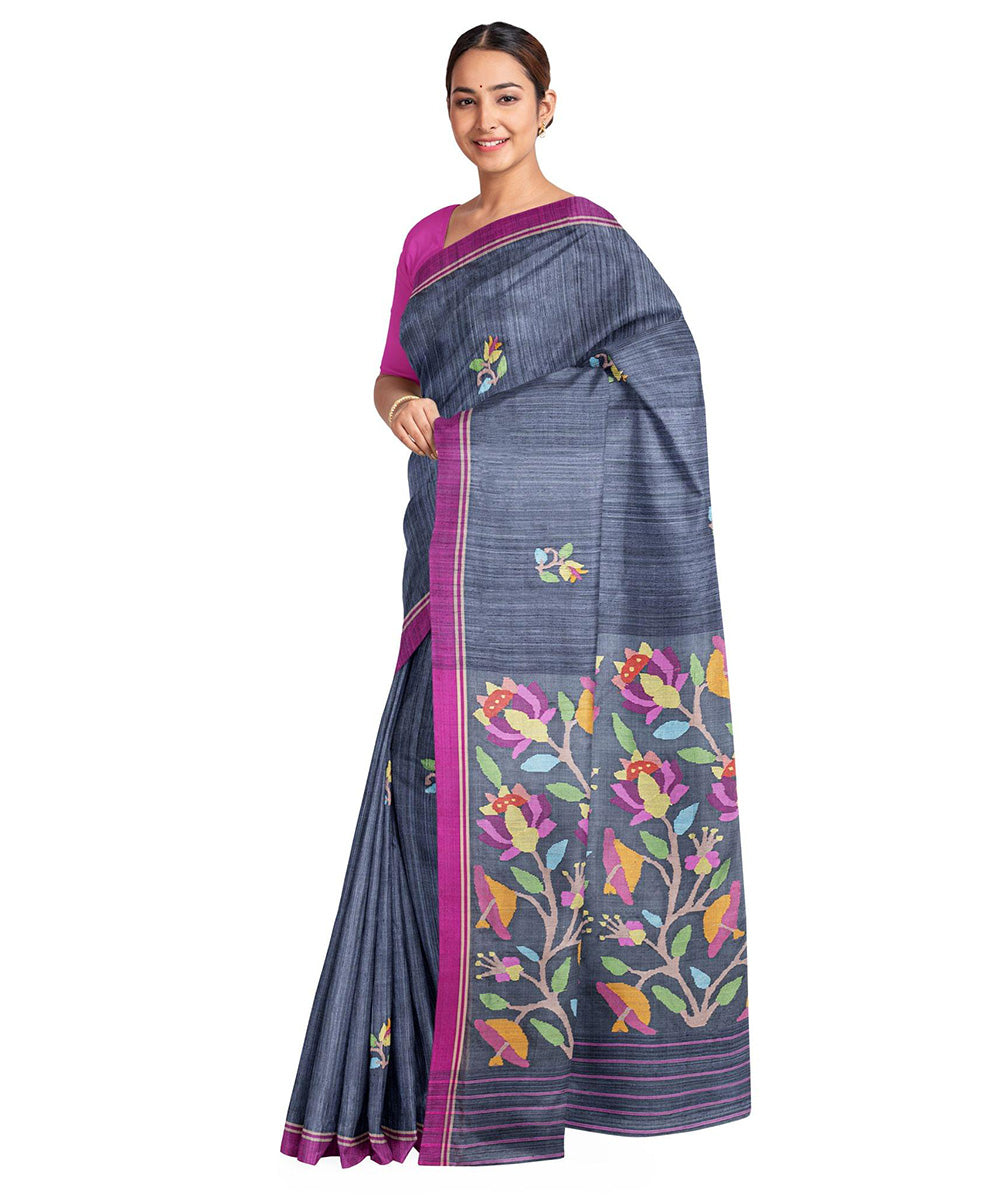 Biswa bangla grey matka silk jamdani saree