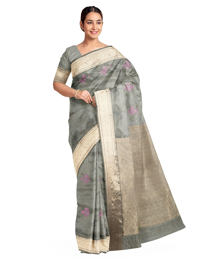 Biswa bangla grey baluchari zari meena silk saree