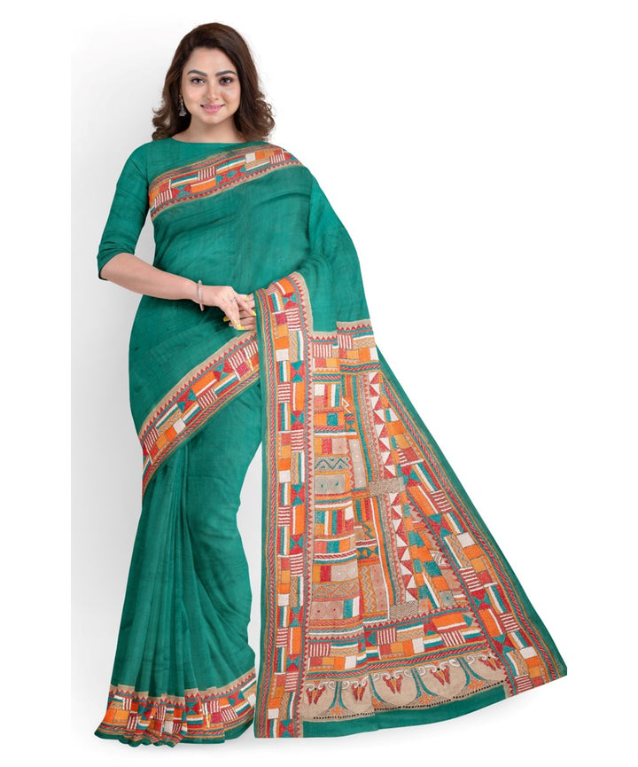 Dark green bengal silk handwoven kantha stitch saree