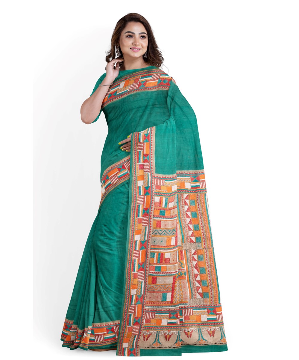 Dark green bengal silk handwoven kantha stitch saree