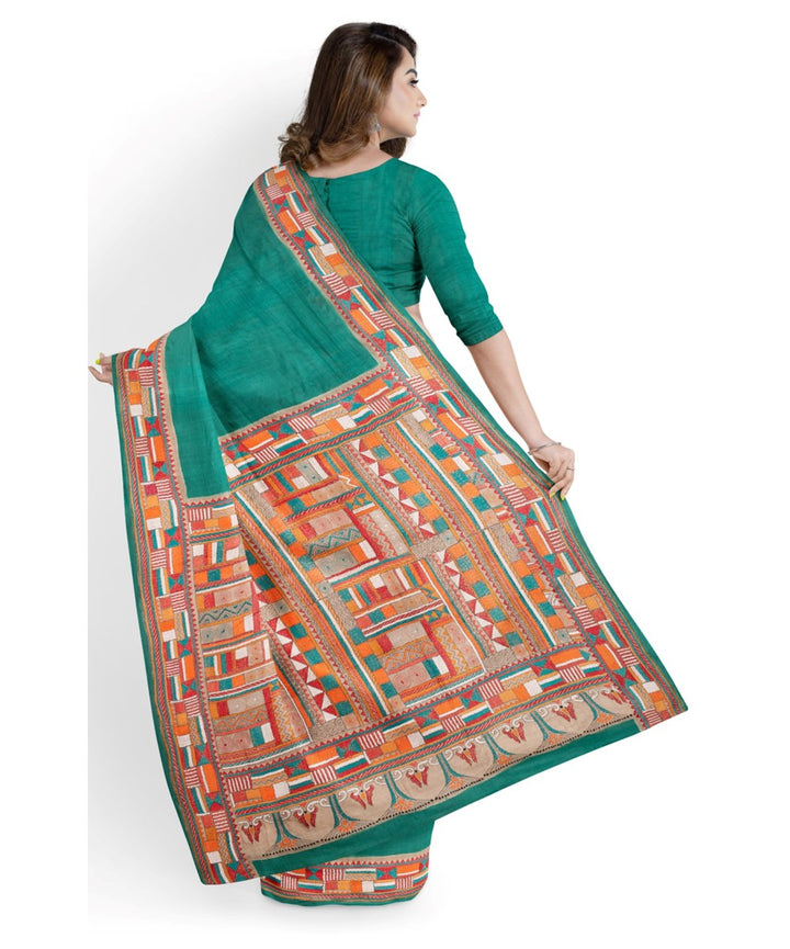 Dark green bengal silk handwoven kantha stitch saree