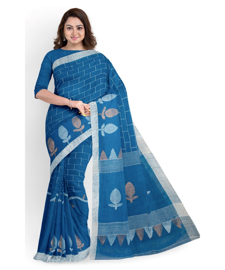 Indigo bengal linen handloom jamdani saree