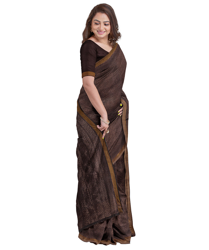 Biswa bangla deep brown zari silk with tassel handwoven saree