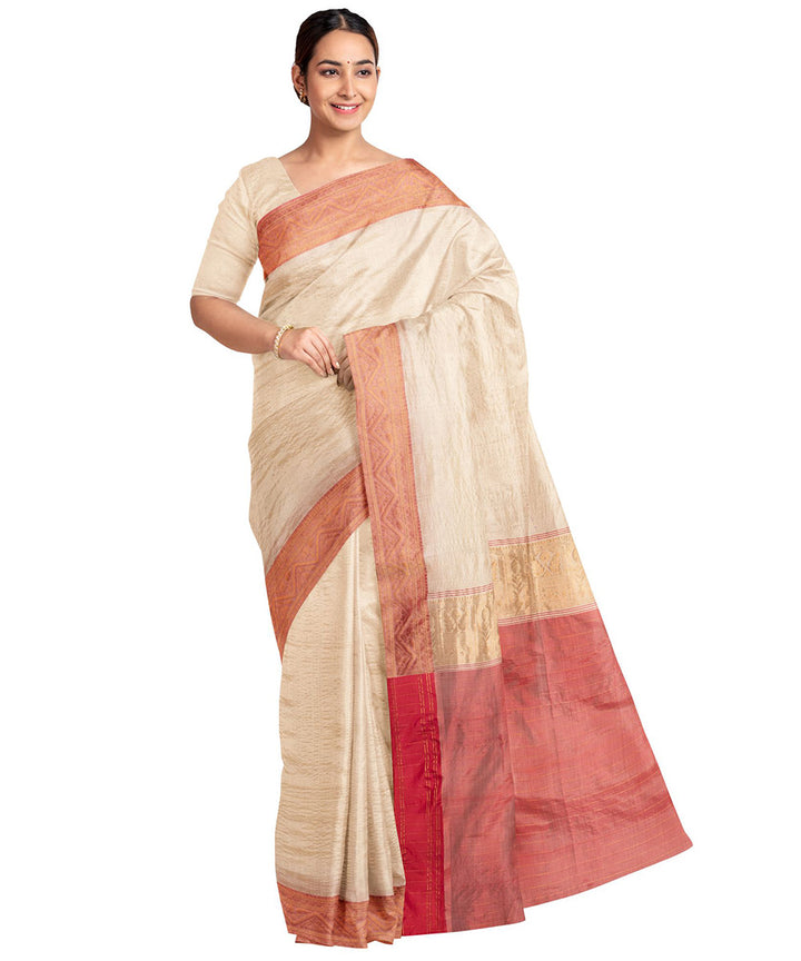 Biswa bangla cream red cut shuttle tussar silk saree