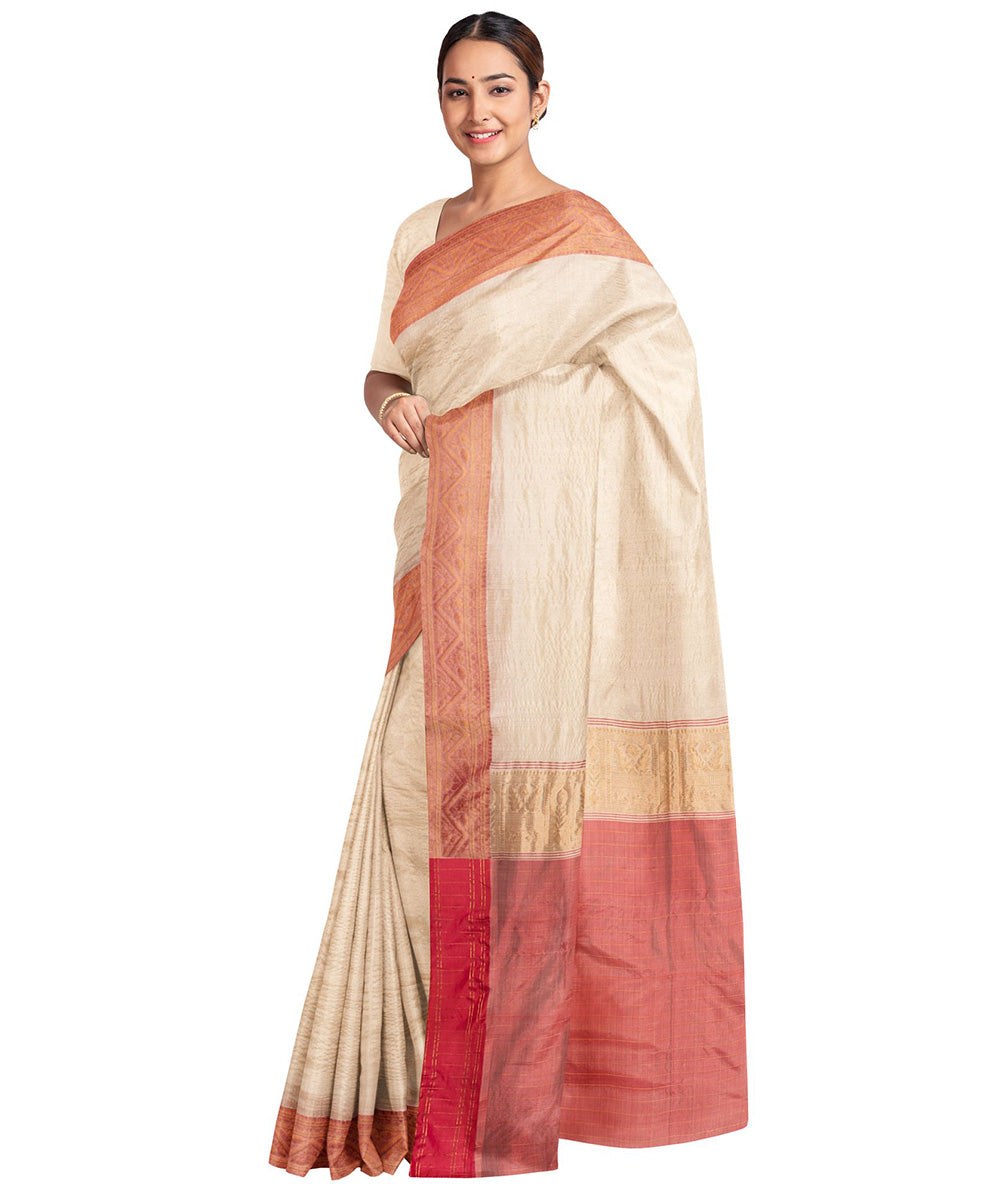 Biswa bangla cream red cut shuttle tussar silk saree