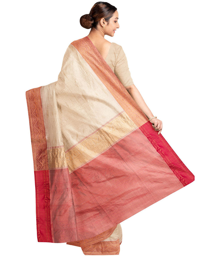 Biswa bangla cream red cut shuttle tussar silk saree