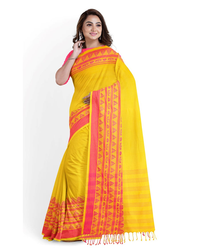 Yellow pink bengal cotton handloom shantipuri saree