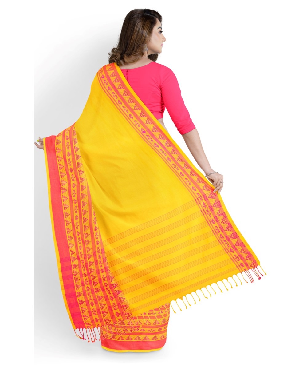 Yellow pink bengal cotton handloom shantipuri saree