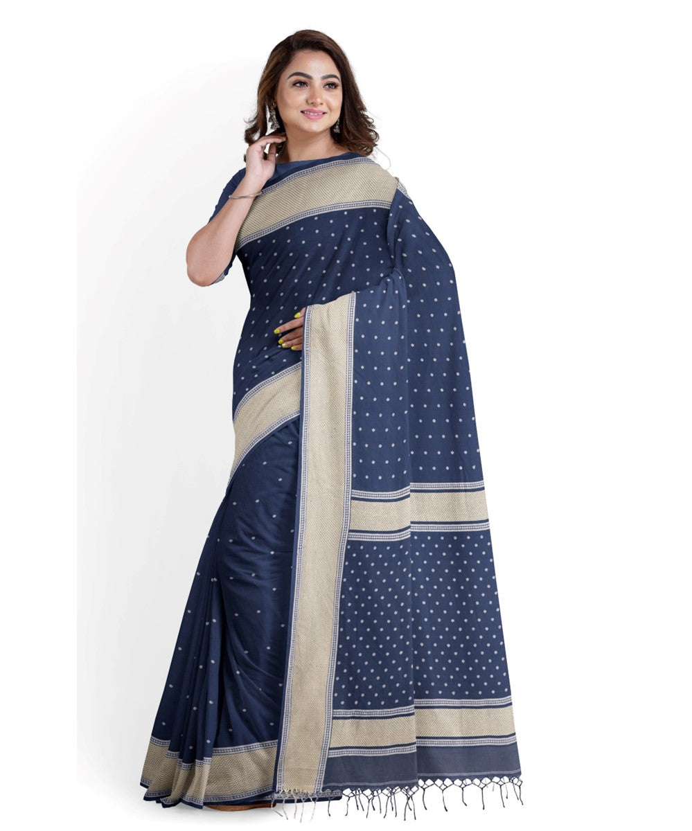 Indigo off white bengal cotton handloom jamdani saree