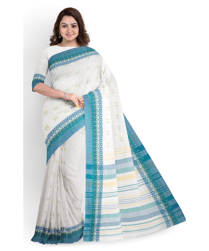 White aqua blue bengal cotton handloom tangail saree