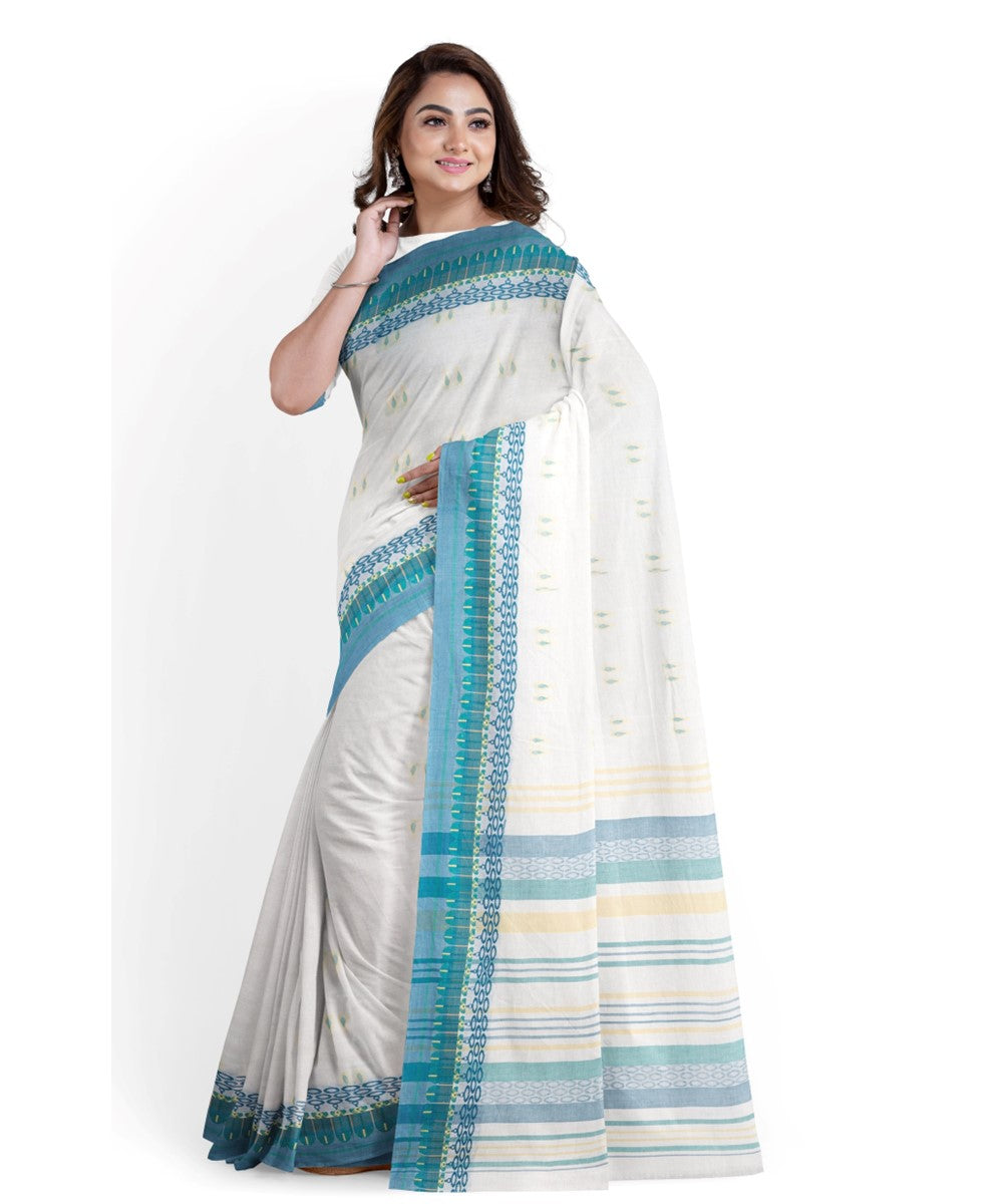 White aqua blue bengal cotton handloom tangail saree