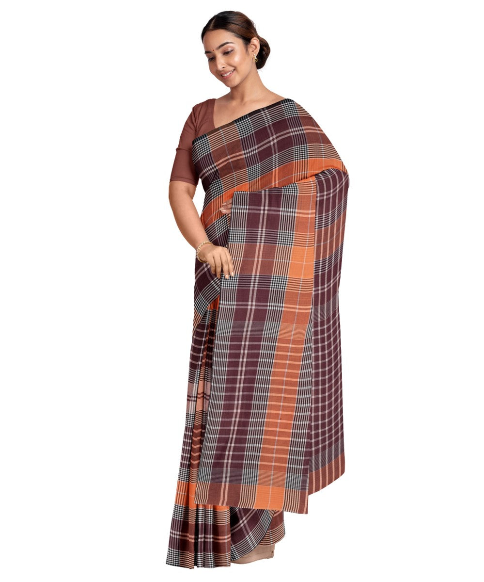 Orange brown bengal cotton handloom tangail saree