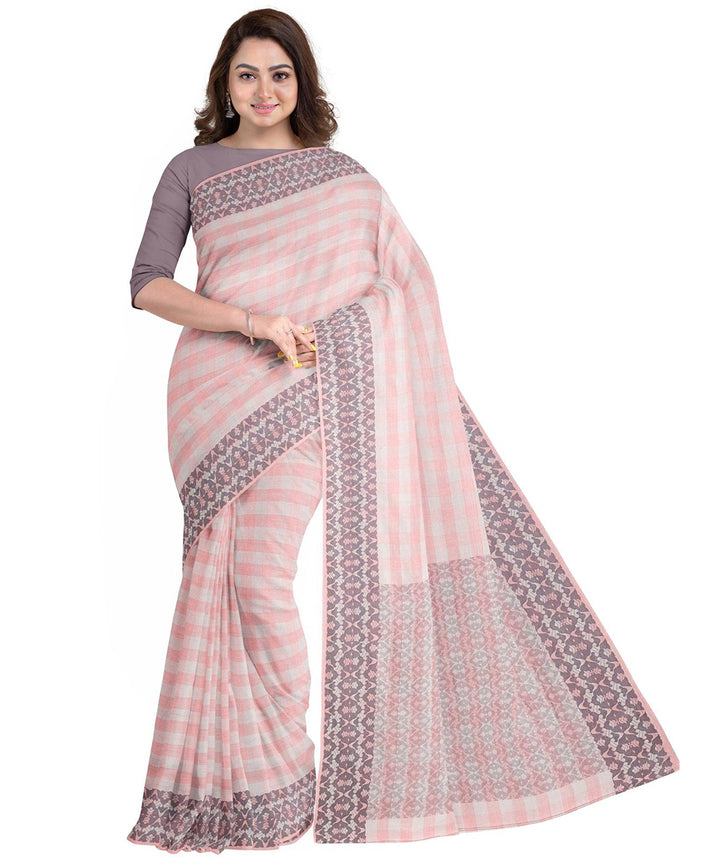 Biswa bangla peach handwoven mercerised cotton saree