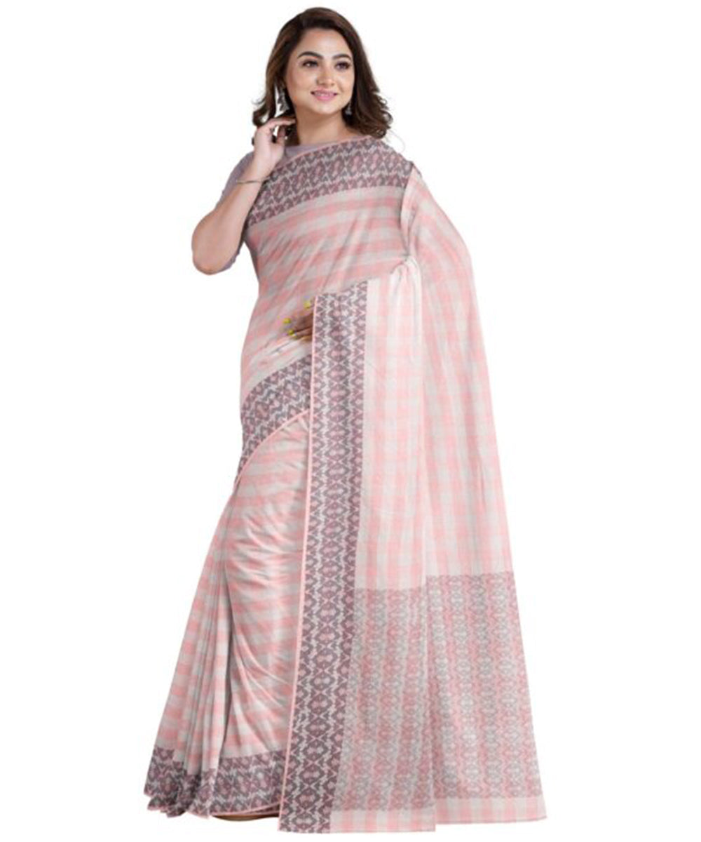 Biswa bangla peach handwoven mercerised cotton saree