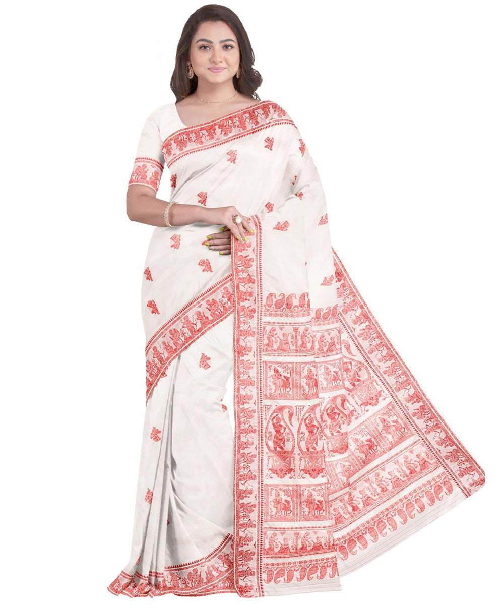 Biswa bangla white red silk handwoven baluchari saree