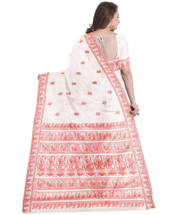 Biswa bangla white red silk handwoven baluchari saree