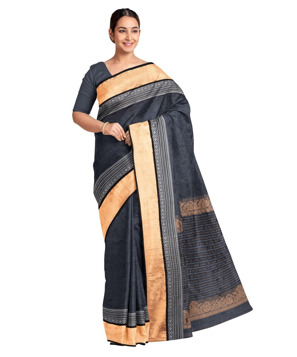 Black golden biswa bangla tussar silk handloom tangail saree