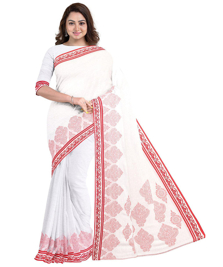 Biswa bangla white red tangail cotton with tassel handwoven saree