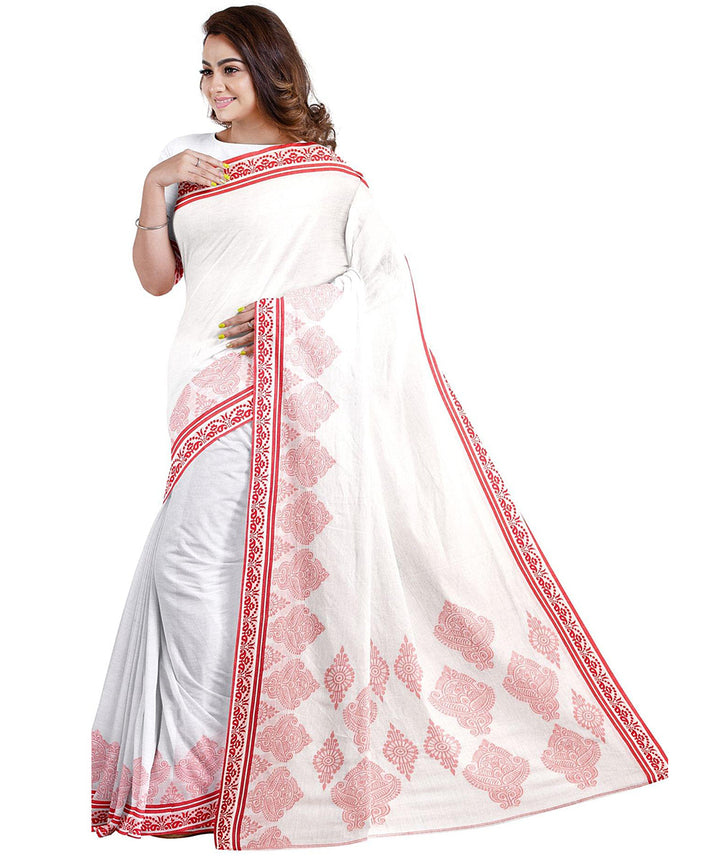 Biswa bangla white red tangail cotton with tassel handwoven saree