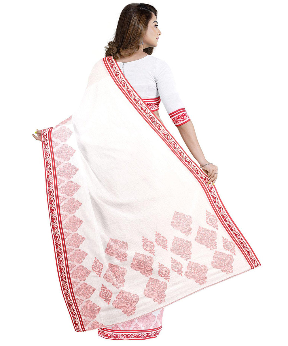 Biswa bangla white red tangail cotton with tassel handwoven saree