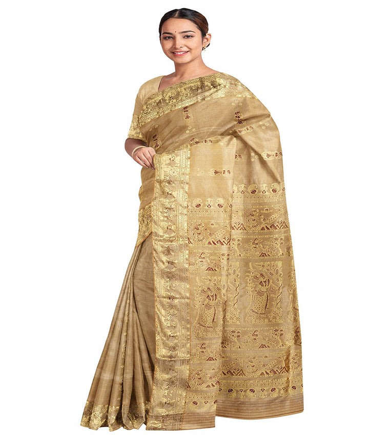 Biswa bangla beige mina work handwoven baluchari silk saree