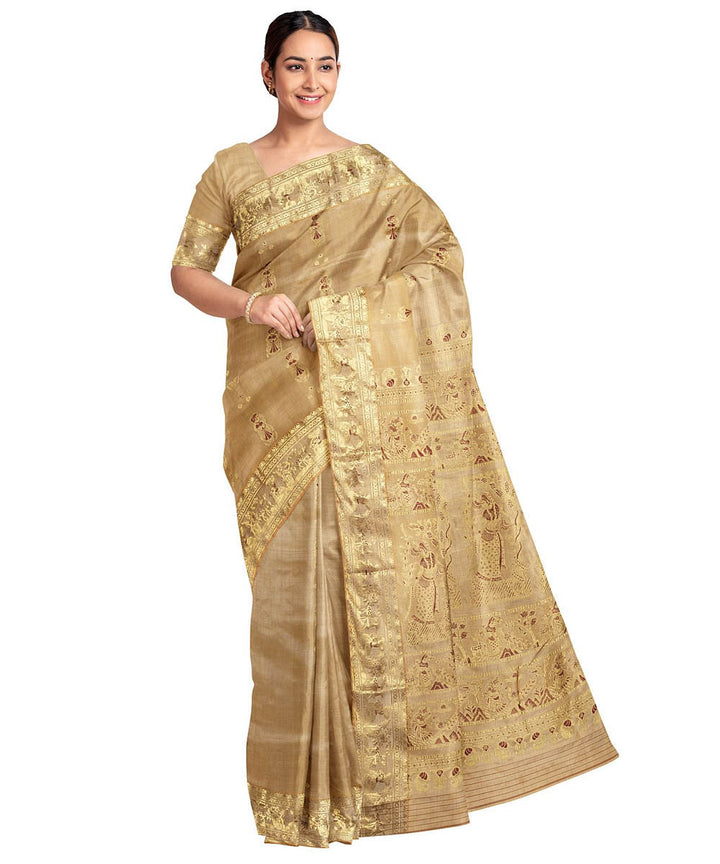 Biswa bangla beige mina work handwoven baluchari silk saree