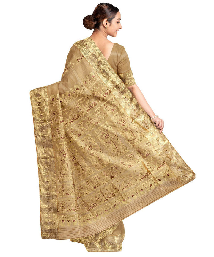 Biswa bangla beige mina work handwoven baluchari silk saree