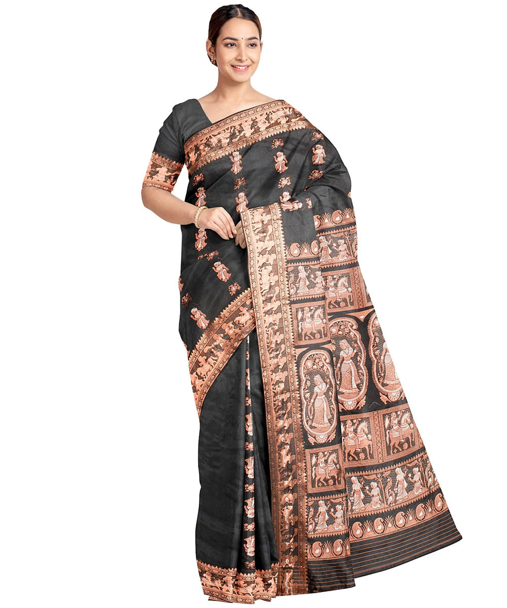Biswa bangla black silk handwoven baluchari saree