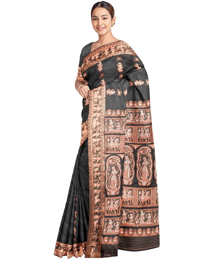 Biswa bangla black silk handwoven baluchari saree