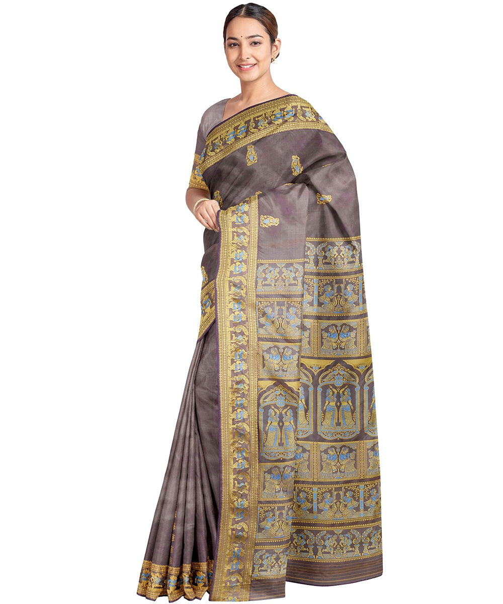 Biswa bangla grey yellow silk handwoven baluchari saree