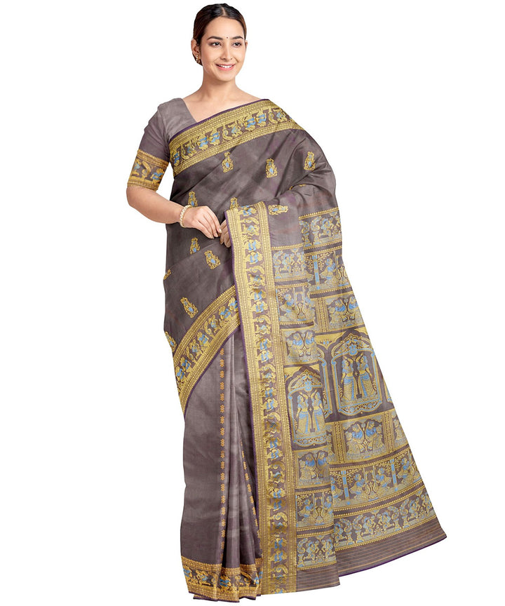 Biswa bangla grey yellow silk handwoven baluchari saree