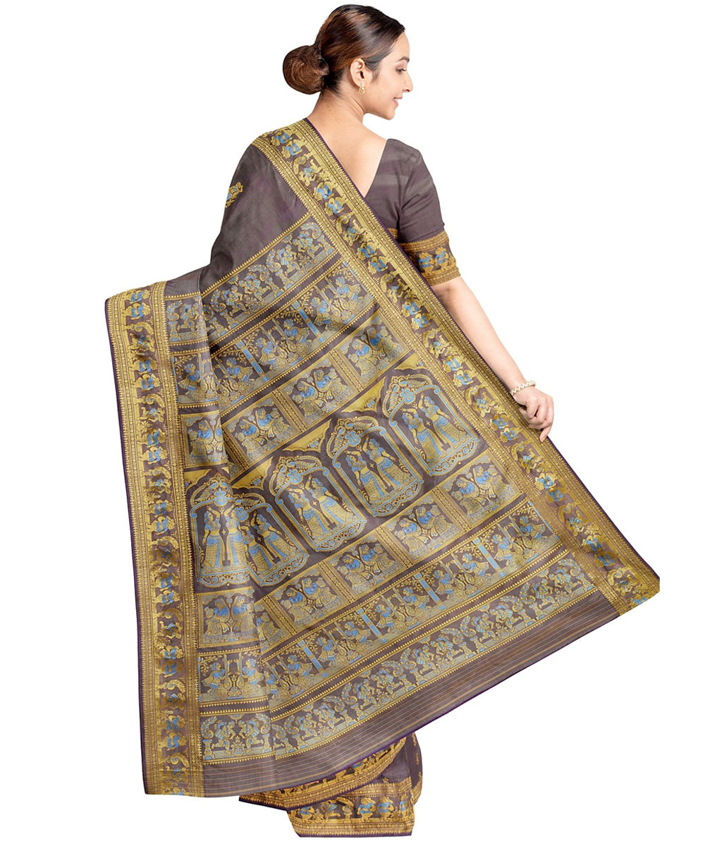 Biswa bangla grey yellow silk handwoven baluchari saree