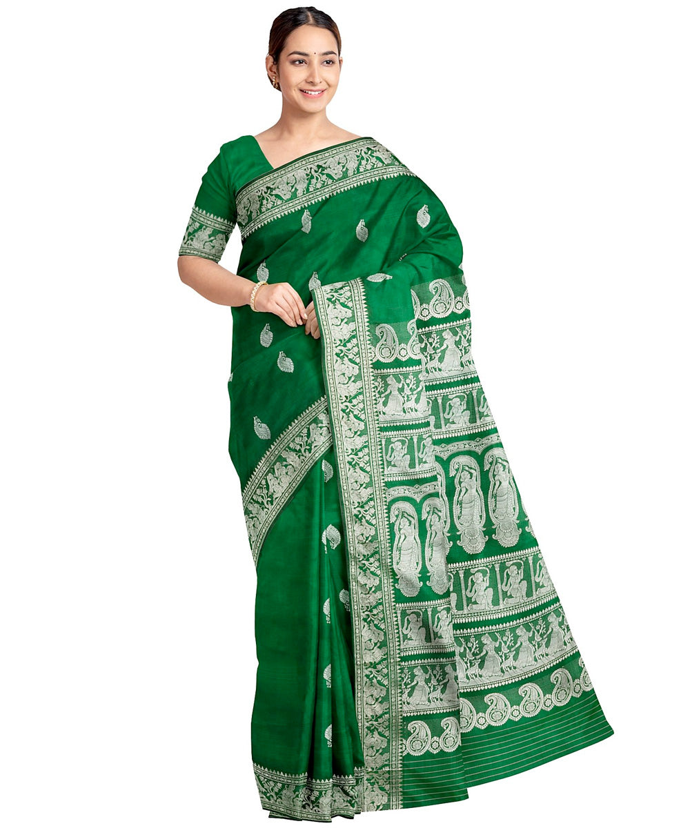 Biswa bangla dark green handwoven baluchari silk saree