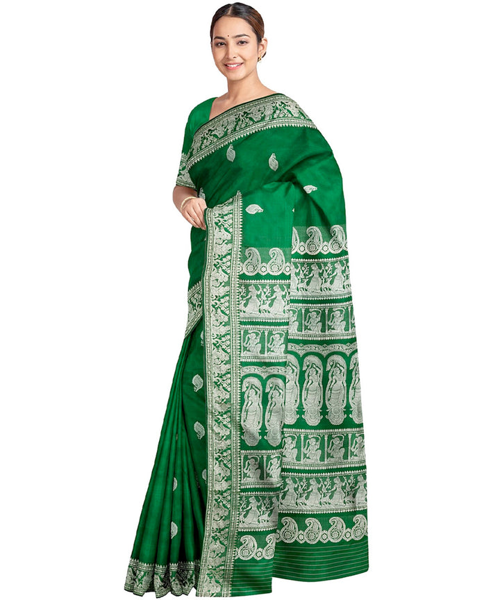 Biswa bangla dark green handwoven baluchari silk saree