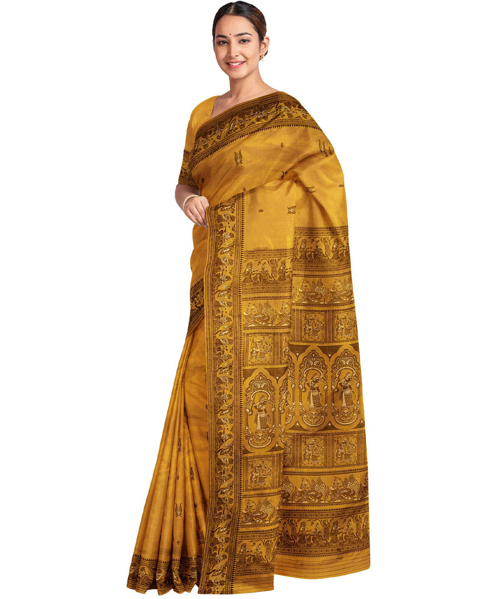 Biswa bangla yellow black silk handwoven baluchari saree