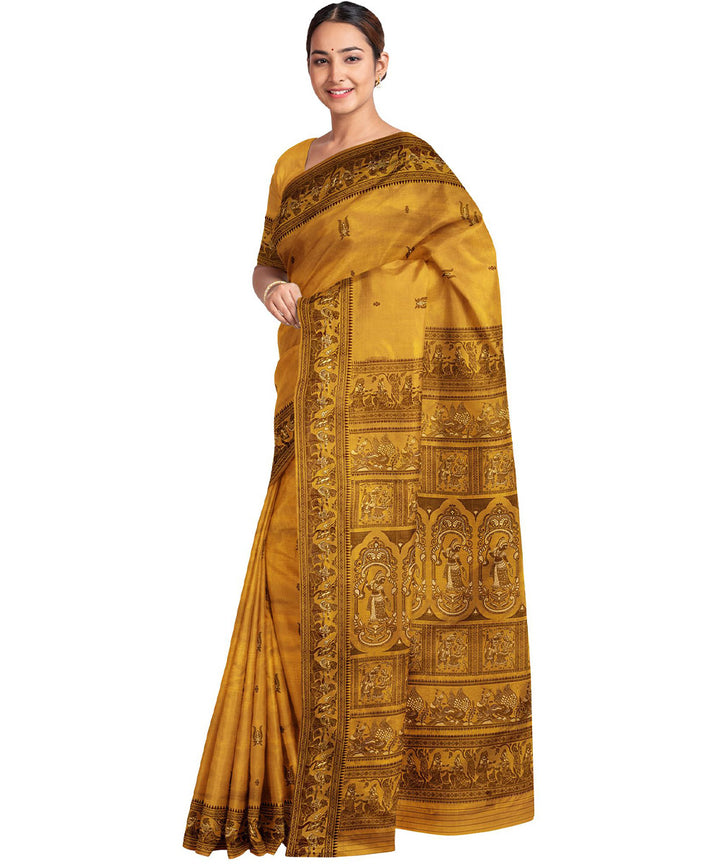 Biswa bangla yellow black silk handwoven baluchari saree