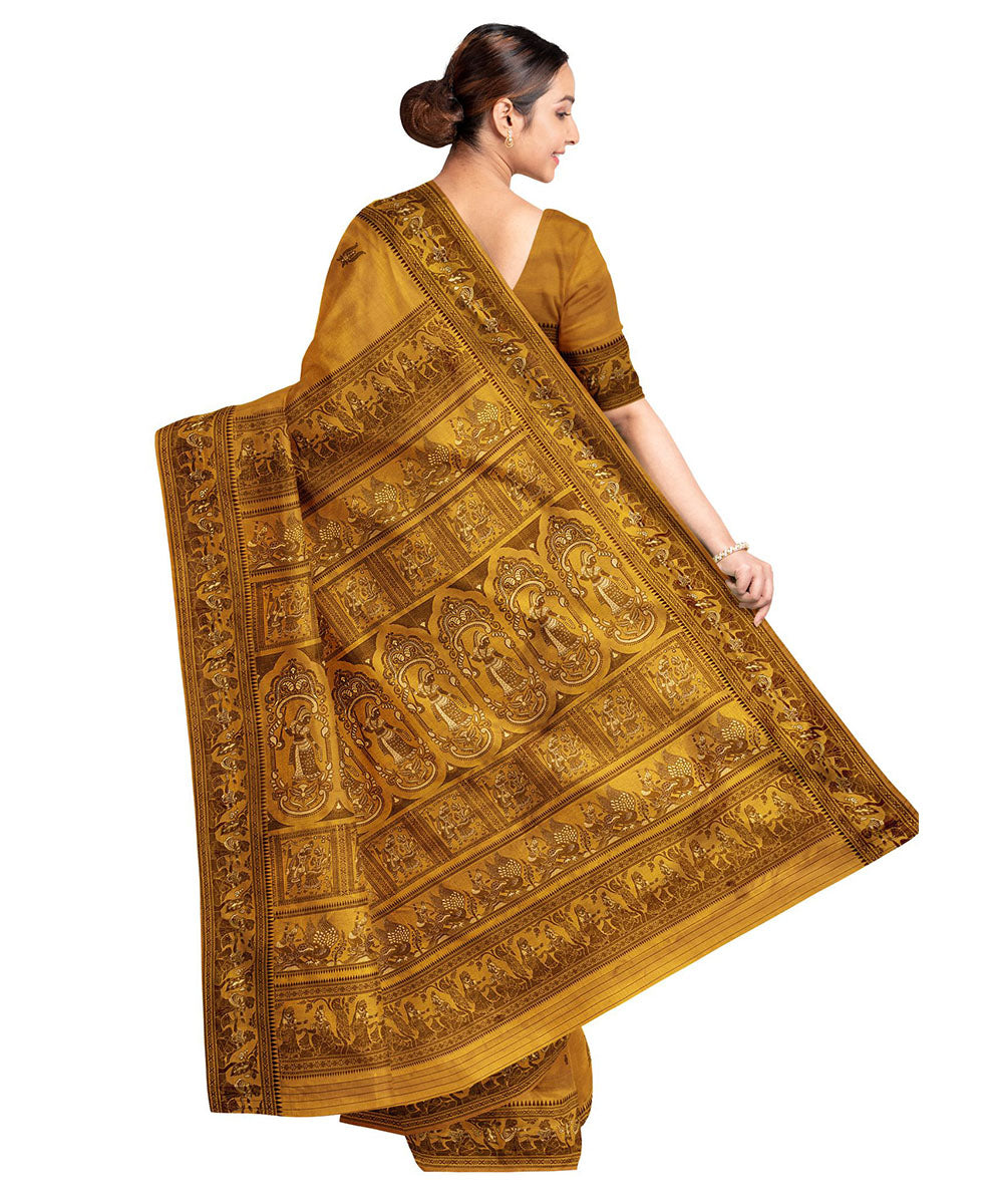 Biswa bangla yellow black silk handwoven baluchari saree