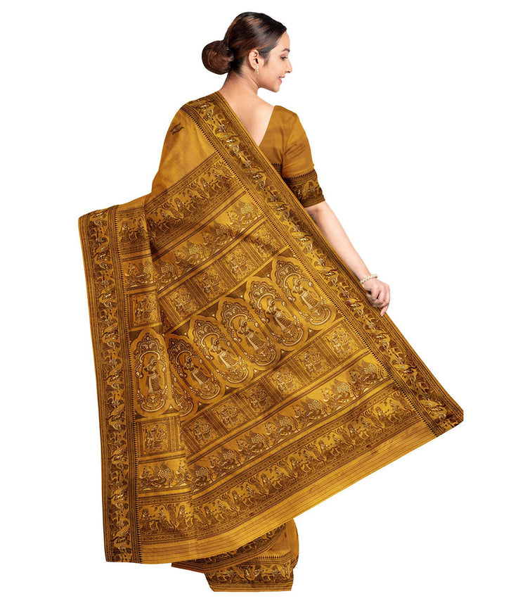 Biswa bangla yellow black silk handwoven baluchari saree