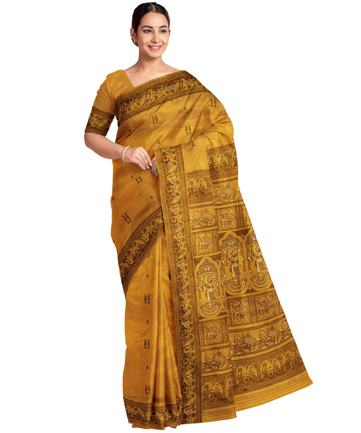 Biswa bangla yellow black silk handwoven baluchari saree
