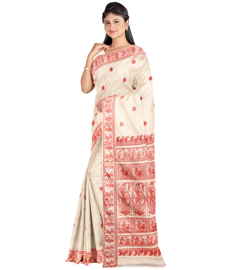 Biswa bangla cream red silk handwoven baluchari saree