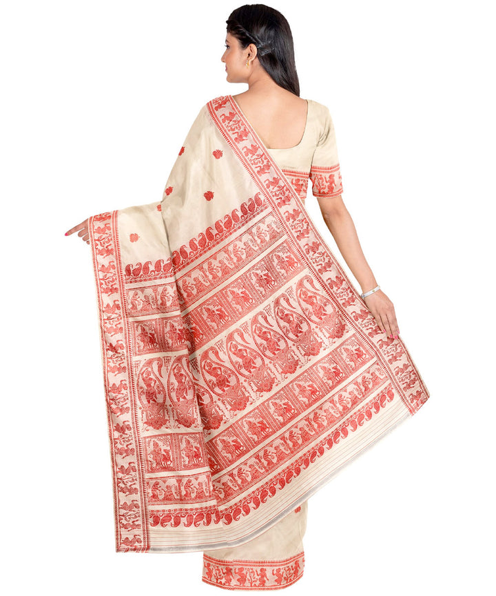 Biswa bangla cream red silk handwoven baluchari saree