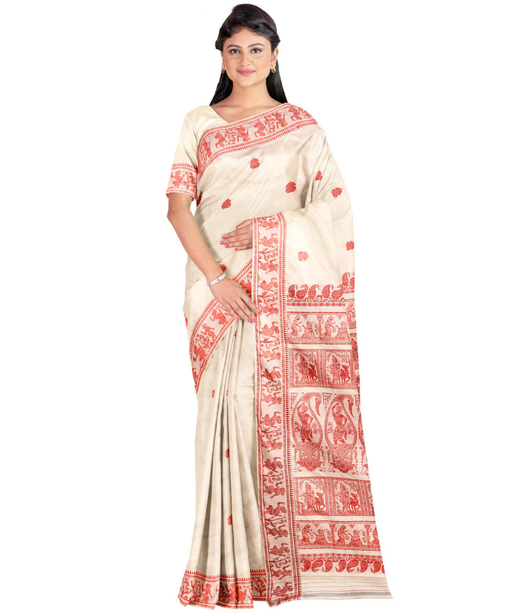 Biswa bangla cream red silk handwoven baluchari saree